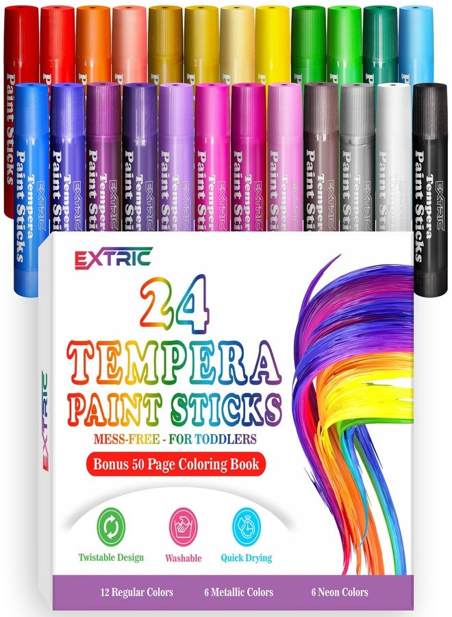 EXTRIC Tempera Paint Sticks for Kids - 24 Twist Crayons in  Vibrant Colors 12 Classic, 6 Metallic, 6 Neon | Mess Free, Quick Dry, Washable Solid Paint  kids + Bonus 50 Page Coloring Book - Image 1